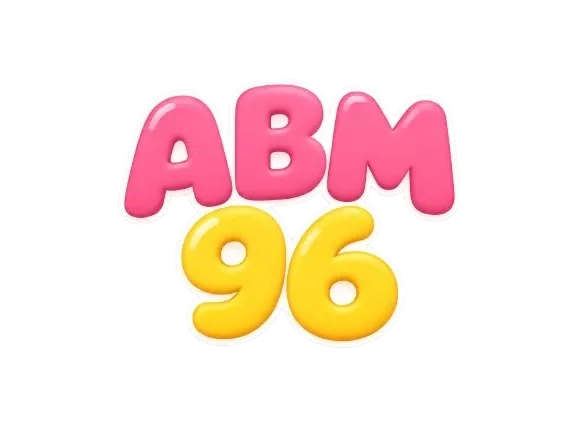 โลโก้ ABM96 ตัวอักษร ABM แบบสามมิติอวบกลมสีชมพูวางอยู่แถวบน ใต้ลงมาเป็นตัวเลข 96 แบบสามมิติอวบกลมสีเหลือง